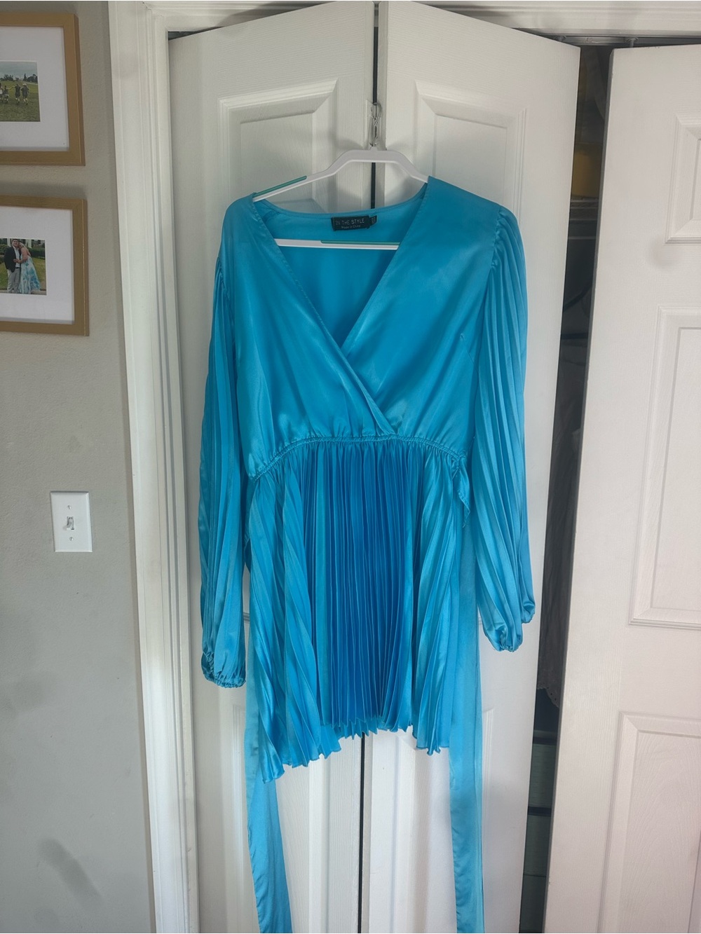 Elegant Teal Blue Pleated Wrap Mini Dress